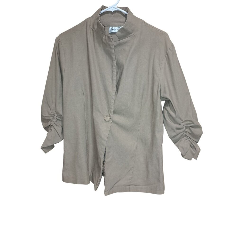 Caren Sport Womens 1XL Beige Blazer Jacket Ruched Sleeve Career Workwear USA